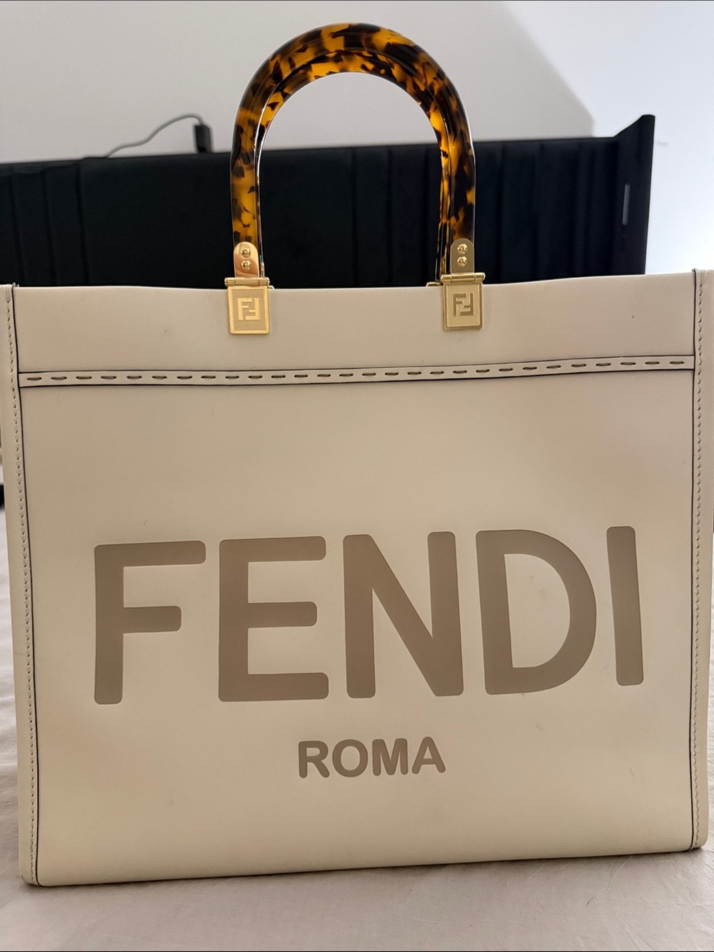 Fendi White and Beige Roma Logo Tote